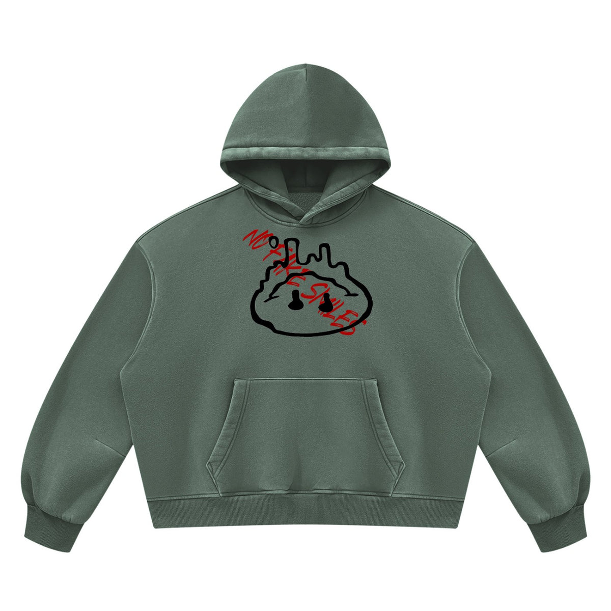 No Fake Smiles vintage wash olive green boxy fleece hoodie with a black and red graphic print and front pocket.