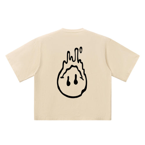 No Fake Smiles oversized beige cotton t-shirt with a black melting smiley face graphic on the back.
