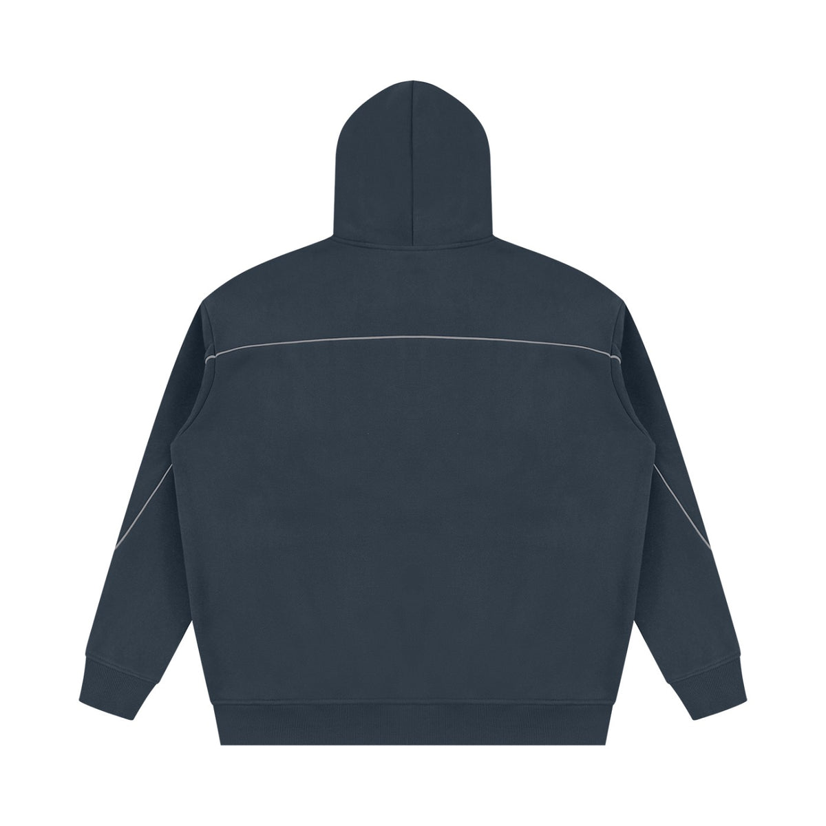 No Fake Smiles oversized dark grey fleece hoodie with drop shoulders, subtle piping detail, and ribbed cuffs.