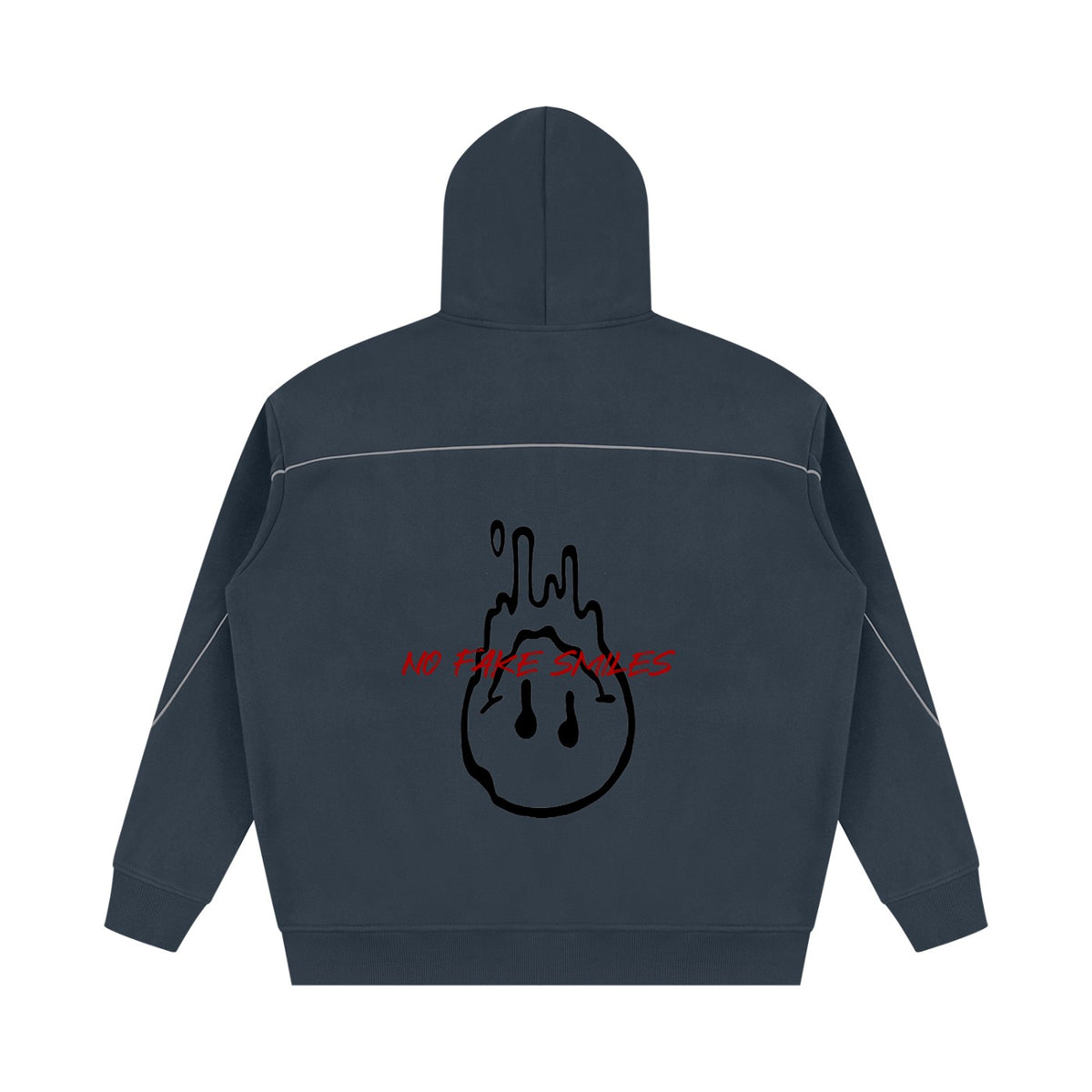 Back view of a No Fake Smiles oversized dark grey fleece hoodie with a black melting smiley face and red lettering.
