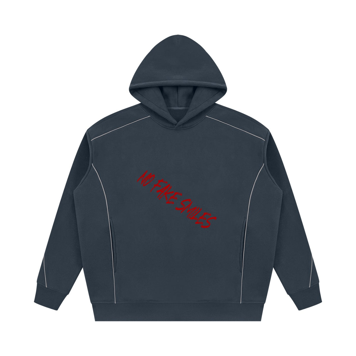 No Fake Smiles oversized dark grey fleece hoodie with slanted red text and subtle piping details.