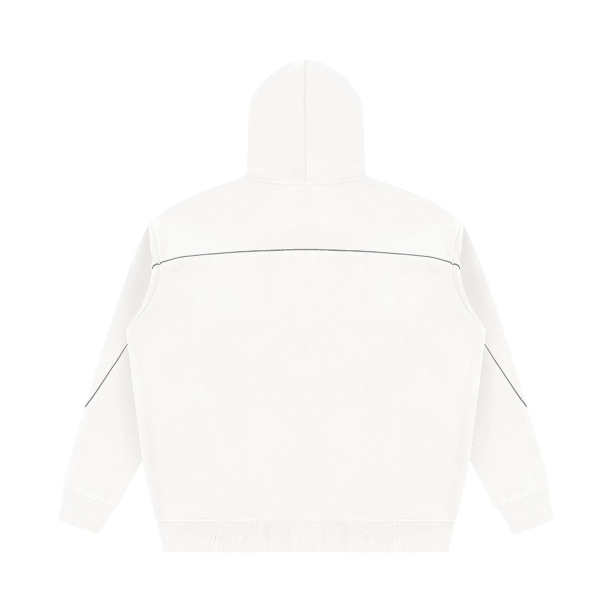 No Fake Smiles oversized white fleece hoodie with drop shoulders and subtle horizontal piping detail, back view.