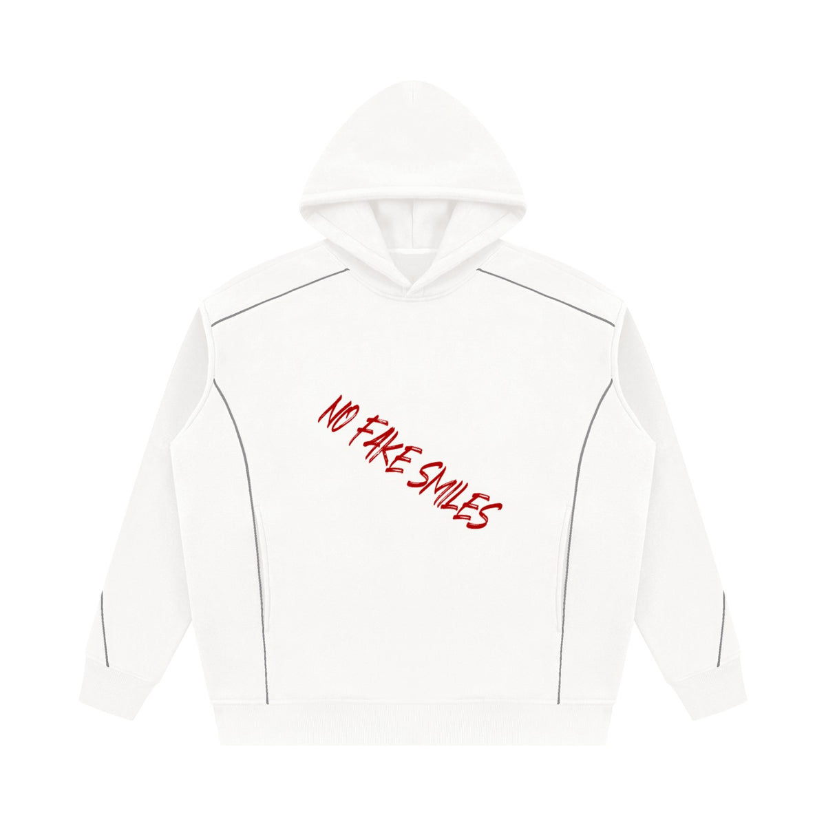 No Fake Smiles oversized white fleece hoodie with slanted red text and subtle piping details.