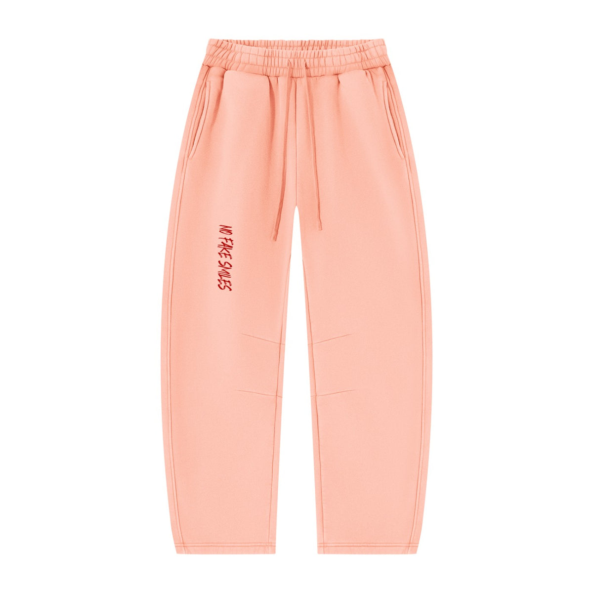 No Fake Smiles peach vintage wash fleece sweatpants with a relaxed barrel-leg fit, drawstring waist, and side pockets.