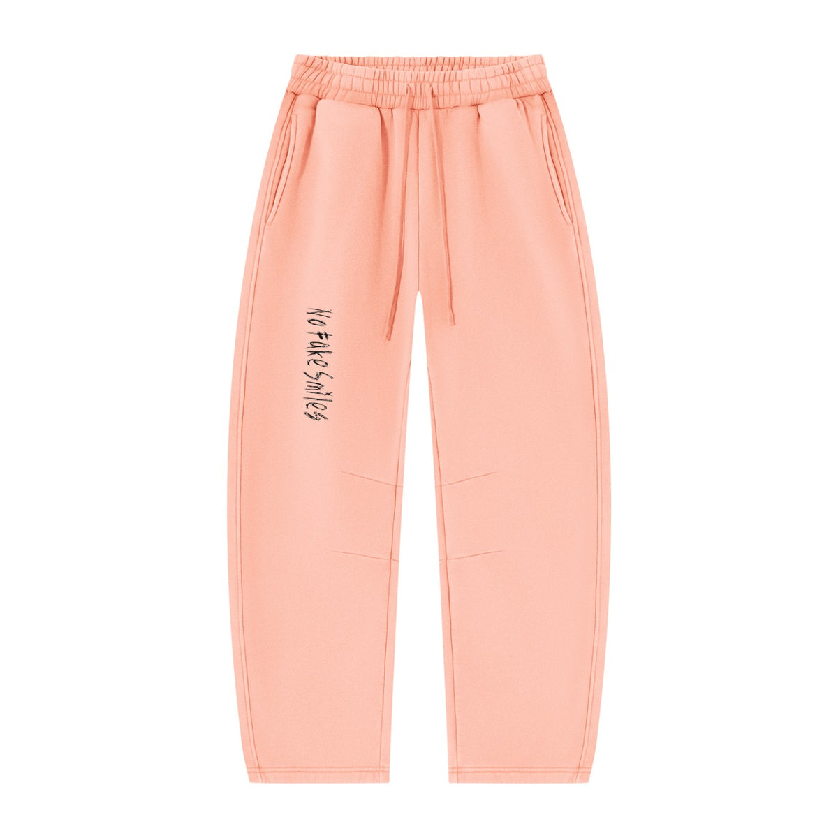 No Fake Smiles vintage wash peach fleece sweatpants with barrel leg silhouette, drawstring waist, and front pleats.