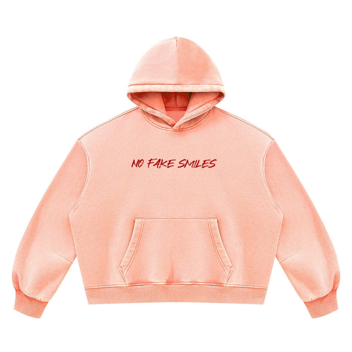 No Fake Smiles boxy vintage wash fleece hoodie in peach with a distressed red graphic on the chest