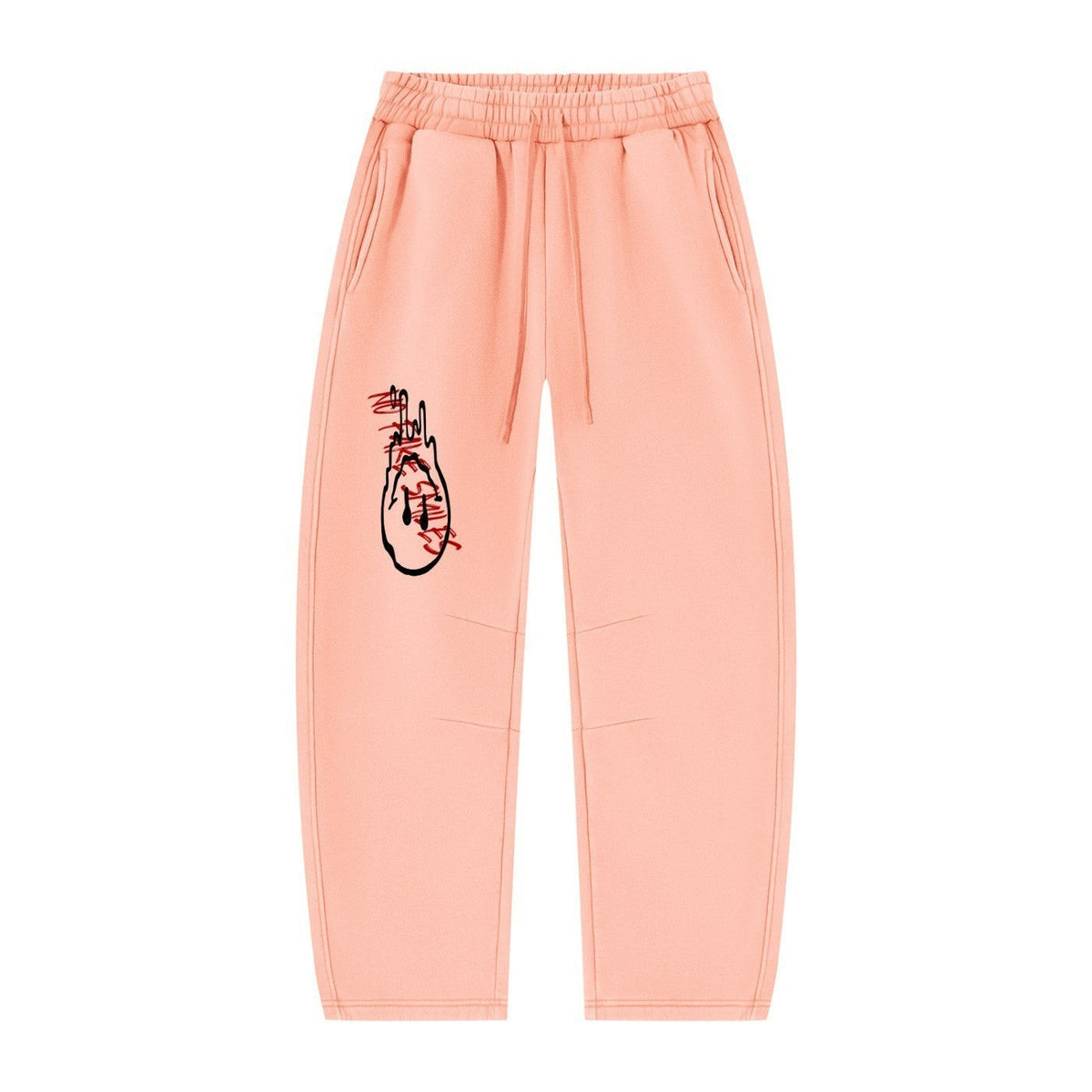 No Fake Smiles peach fleece sweatpants with an artistic black and red graphic print on the leg and drawstring waist