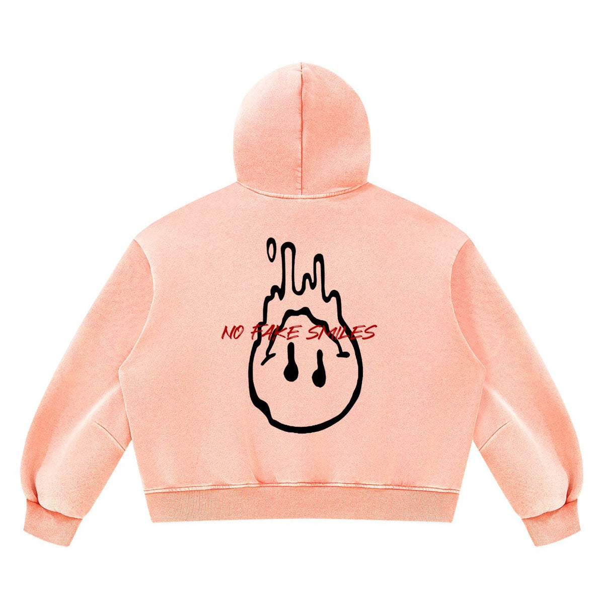No Fake Smiles boxy fleece hoodie in vintage wash peach with a black dripping smiley face graphic on the back.