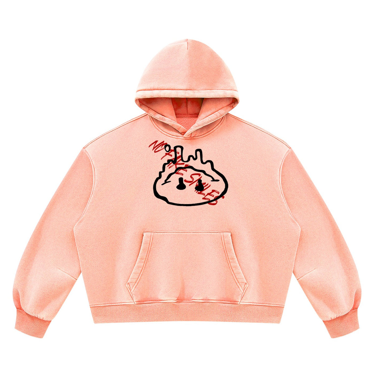 No Fake Smiles peach vintage wash boxy fleece hoodie with drop shoulders, front pocket, and graphic print.