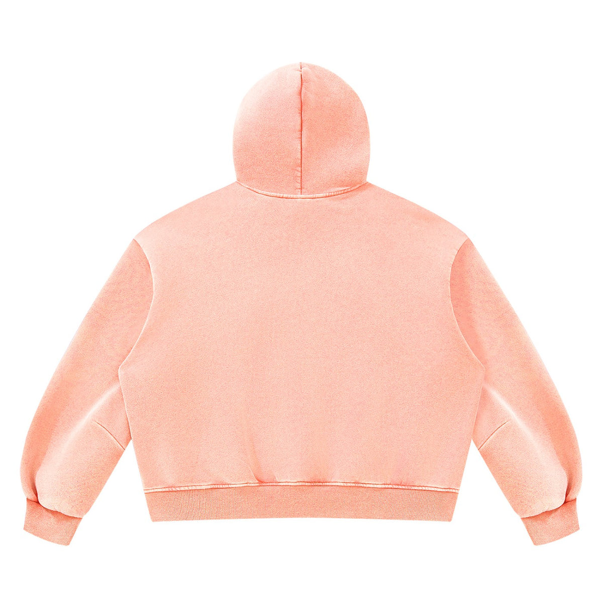 Back view of a No Fake Smiles unisex boxy fleece hoodie in a soft peach vintage wash with drop shoulder sleeves.