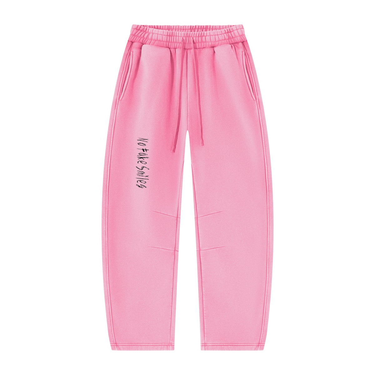 No Fake Smiles pink vintage wash barrel leg fleece sweatpants with drawstring waist and front pleat detail.