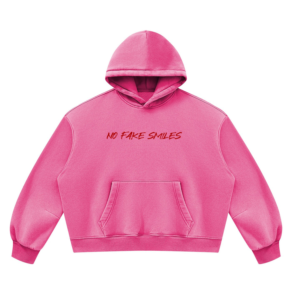 No Fake Smiles pink vintage wash boxy fleece hoodie with drop shoulders, front patch pocket, and ribbed trim.