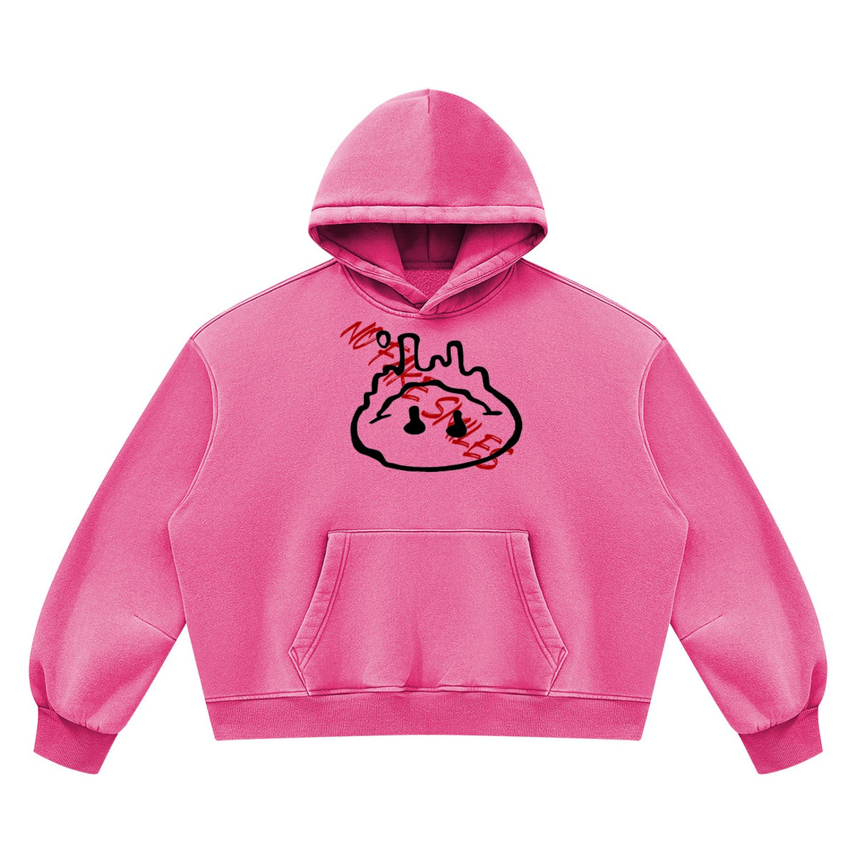 No Fake Smiles pink oversized boxy fleece hoodie with drop shoulders, front patch pocket, and graphic chest print.