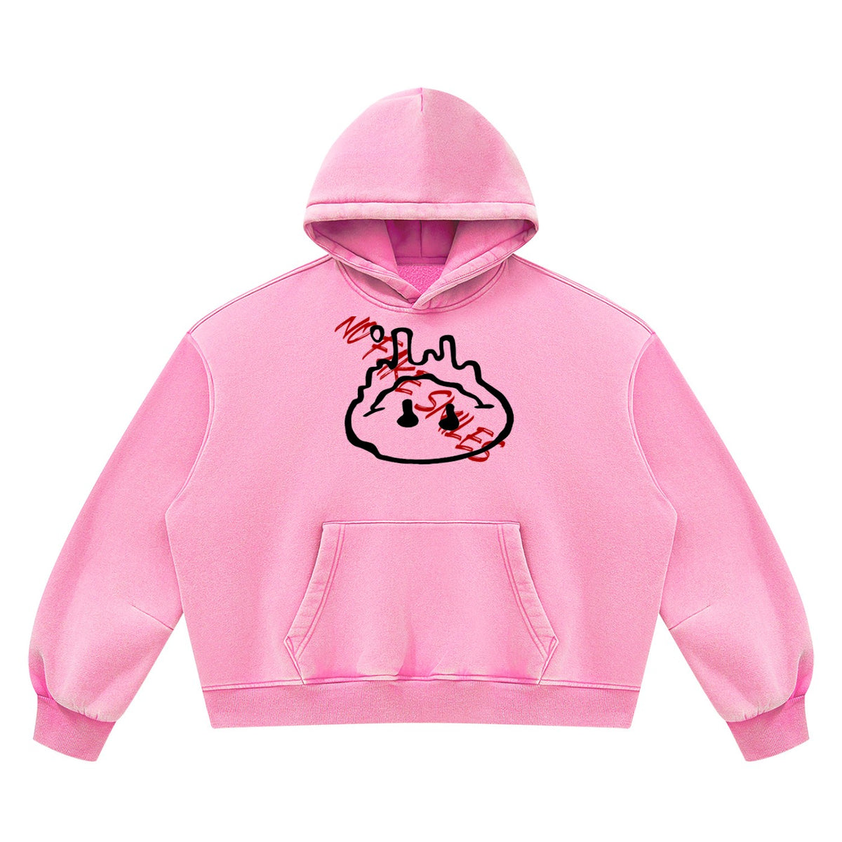 No Fake Smiles pink vintage wash boxy fleece hoodie with drop shoulders, front patch pocket, and graphic print.