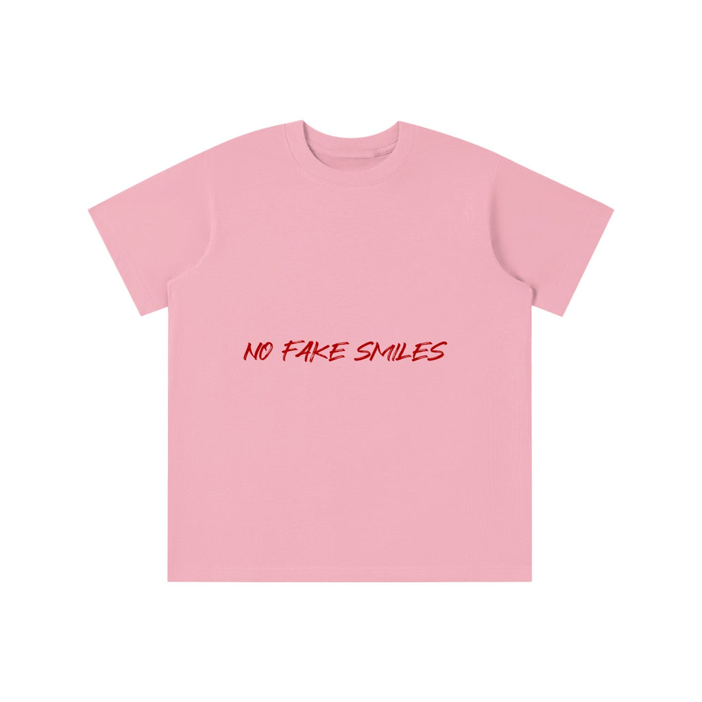 No Fake Smiles kids' pink short-sleeve cotton t-shirt with red graphic print on the chest
