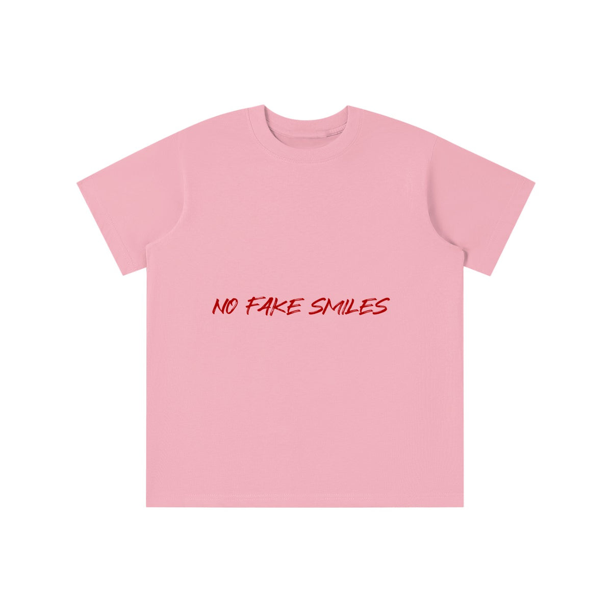 No Fake Smiles kids' pink short-sleeve cotton t-shirt with red graphic print on the chest
