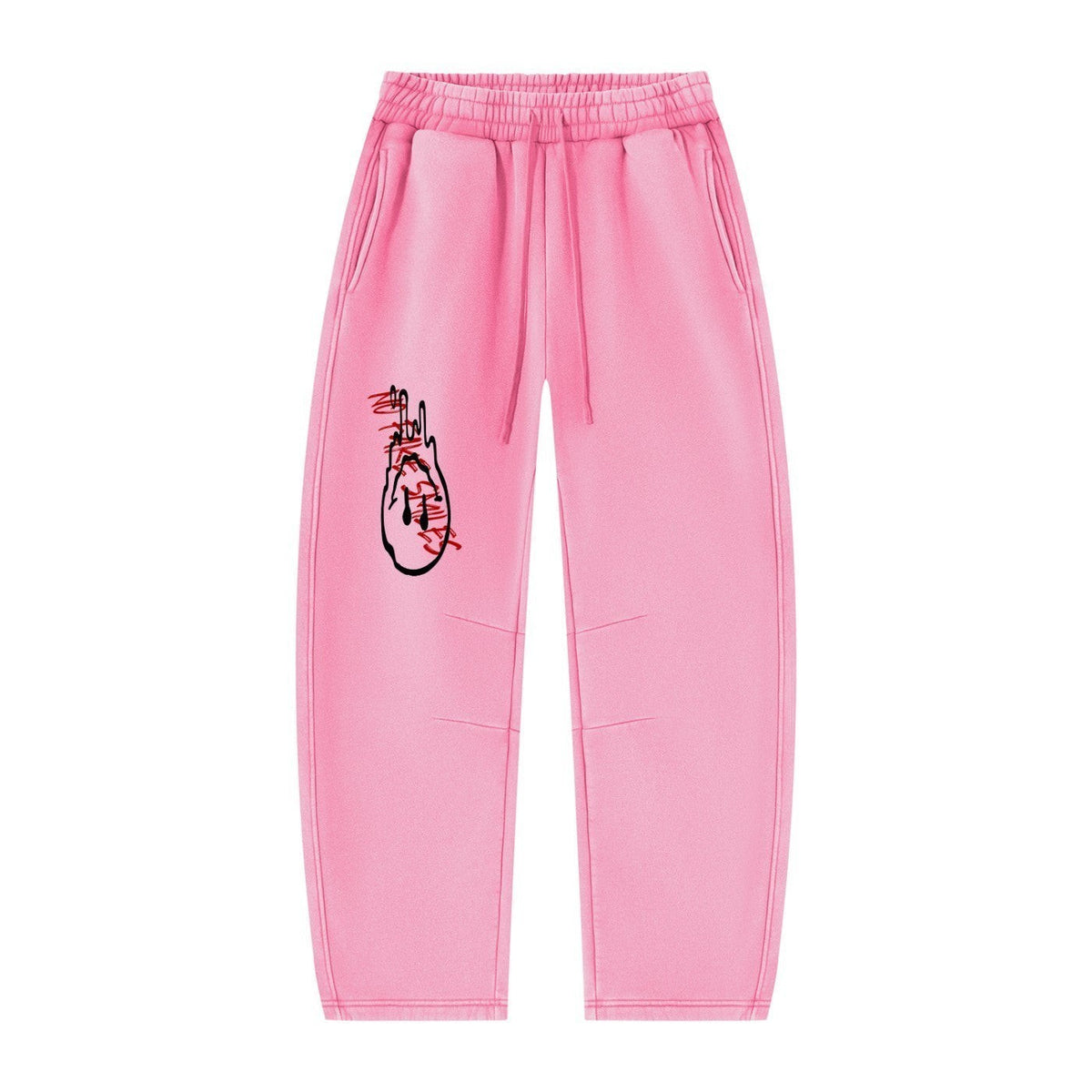 No Fake Smiles pink fleece lounge sweatpants with an artistic black and red graphic print on the right leg