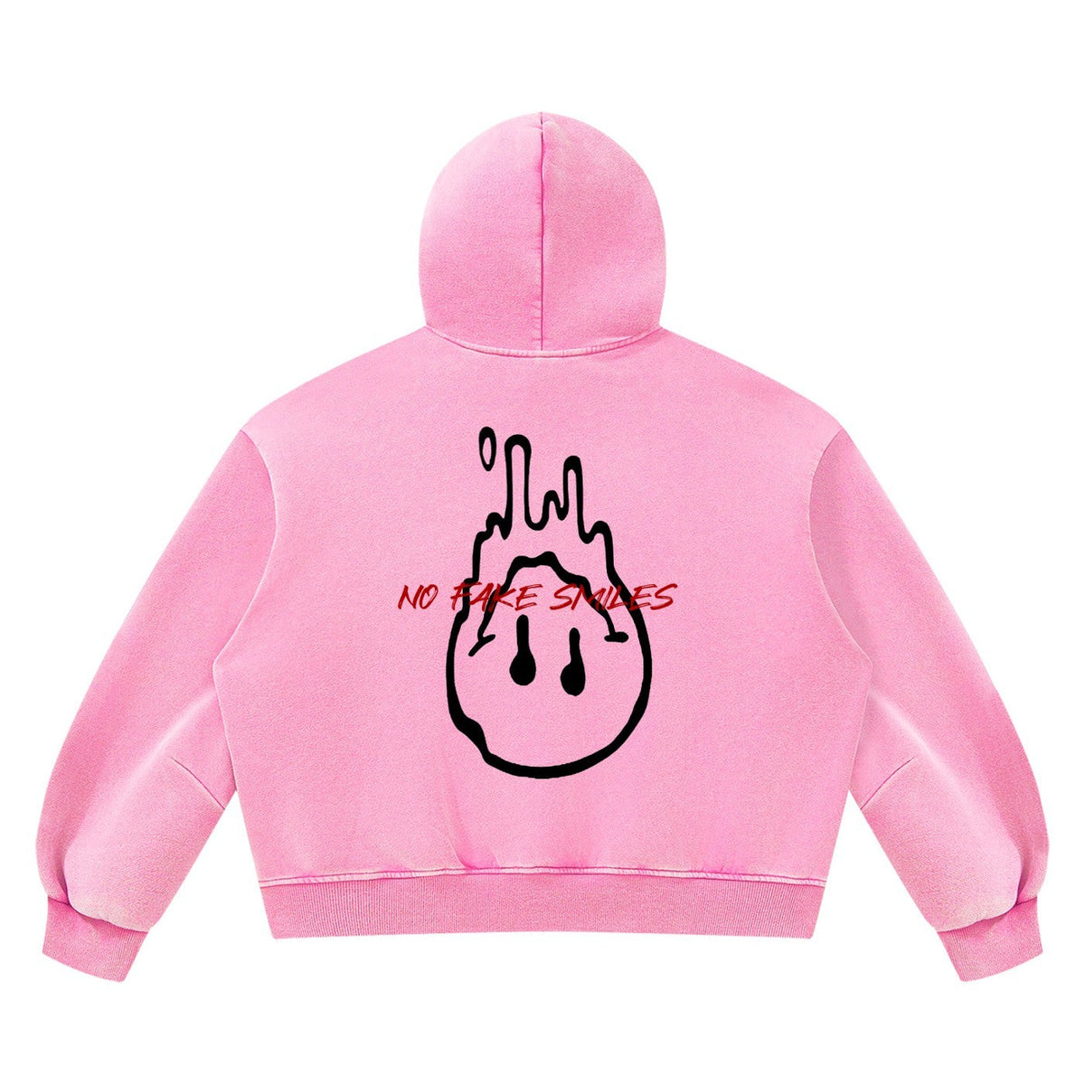 No Fake Smiles pink boxy fleece hoodie with a black dripping smiley face graphic on the back