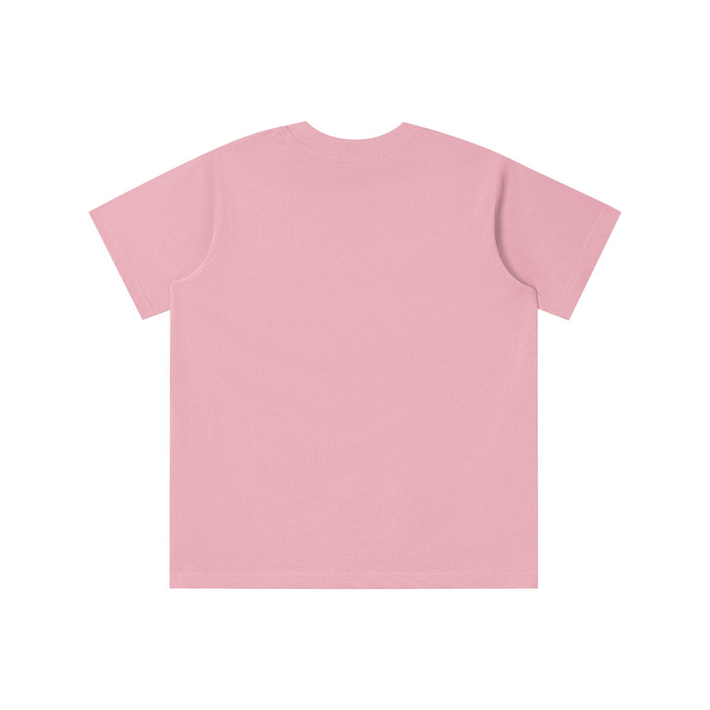 Back view of a pink No Fake Smiles kids' short-sleeve cotton t-shirt with a loose fit and round neck.