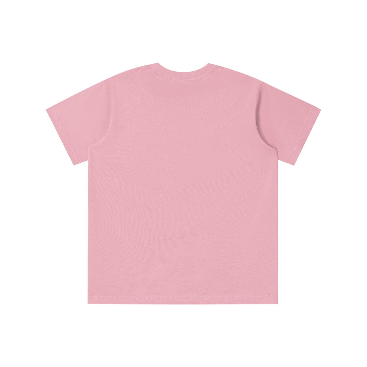 Back view of a pink No Fake Smiles kids' short-sleeve cotton t-shirt with a loose fit and round neck.