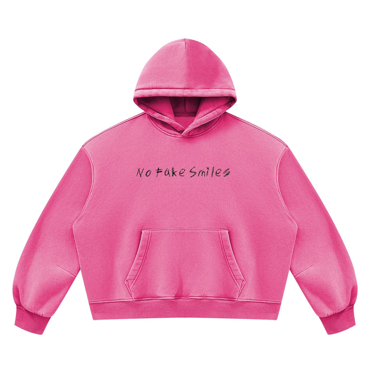 No Fake Smiles pink vintage wash boxy fleece hoodie with drop shoulders, front patch pocket, and ribbed trim.