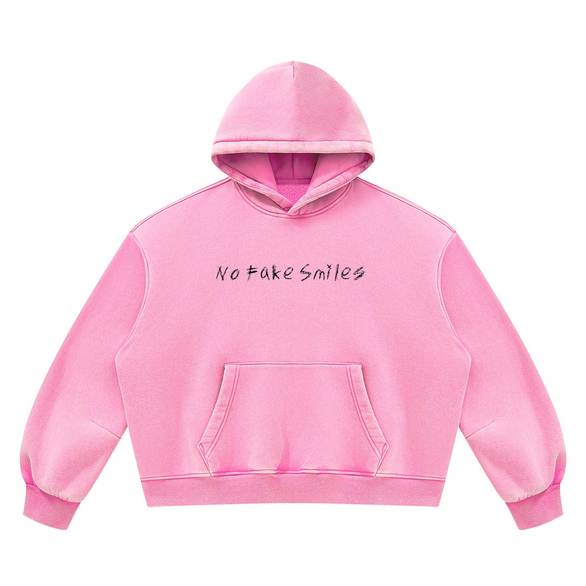 No Fake Smiles pink vintage wash boxy fleece hoodie with drop shoulders and front kangaroo pocket.