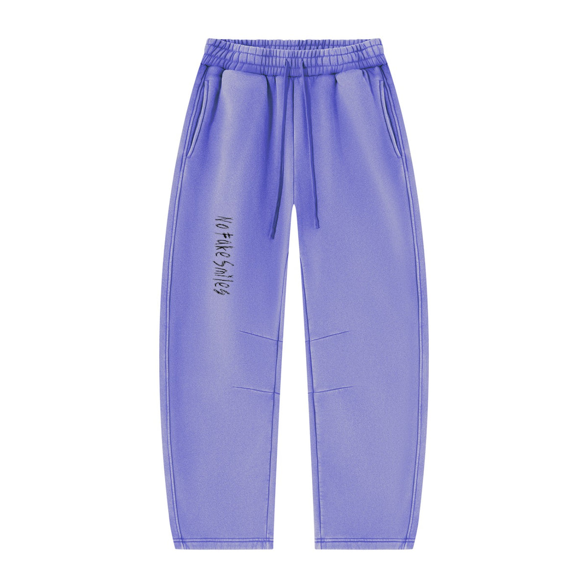No Fake Smiles purple vintage wash barrel leg fleece sweatpants with drawstring waist and front pleat details.