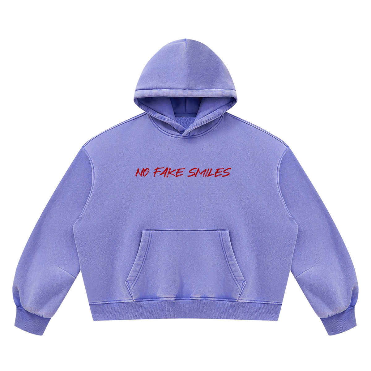 No Fake Smiles vintage wash purple boxy fleece hoodie with drop shoulders and front patch pocket