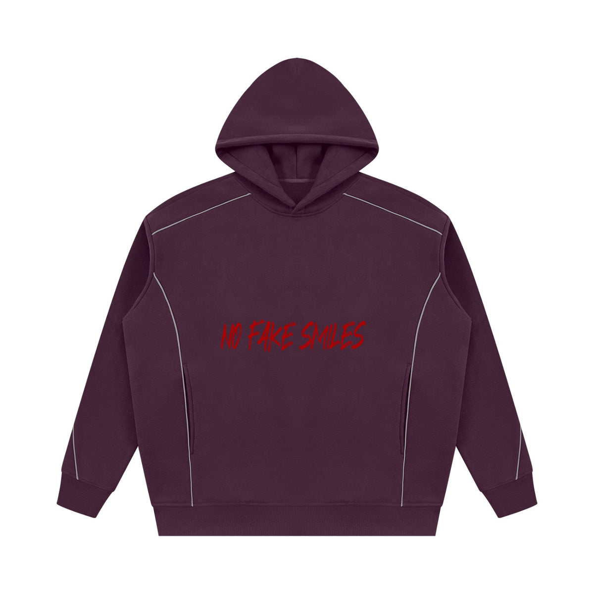 No Fake Smiles oversized dark purple fleece hoodie with red text and subtle white piping details.