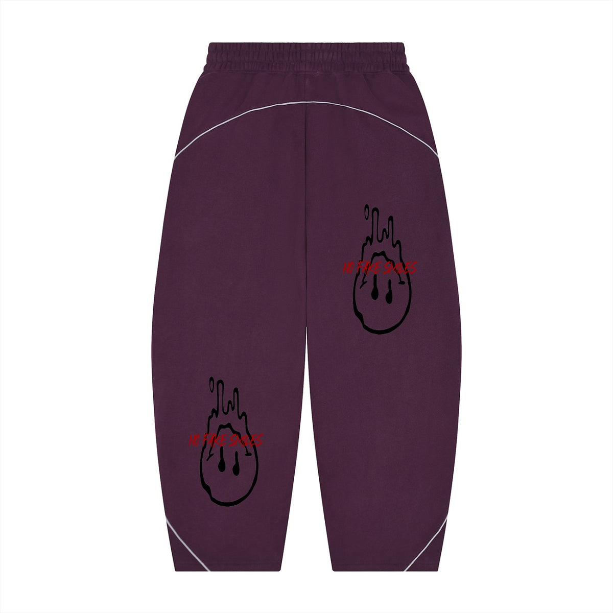 No Fake Smiles purple fleece sweatpants with barrel leg silhouette, white piping, and red dripping smiley face print.
