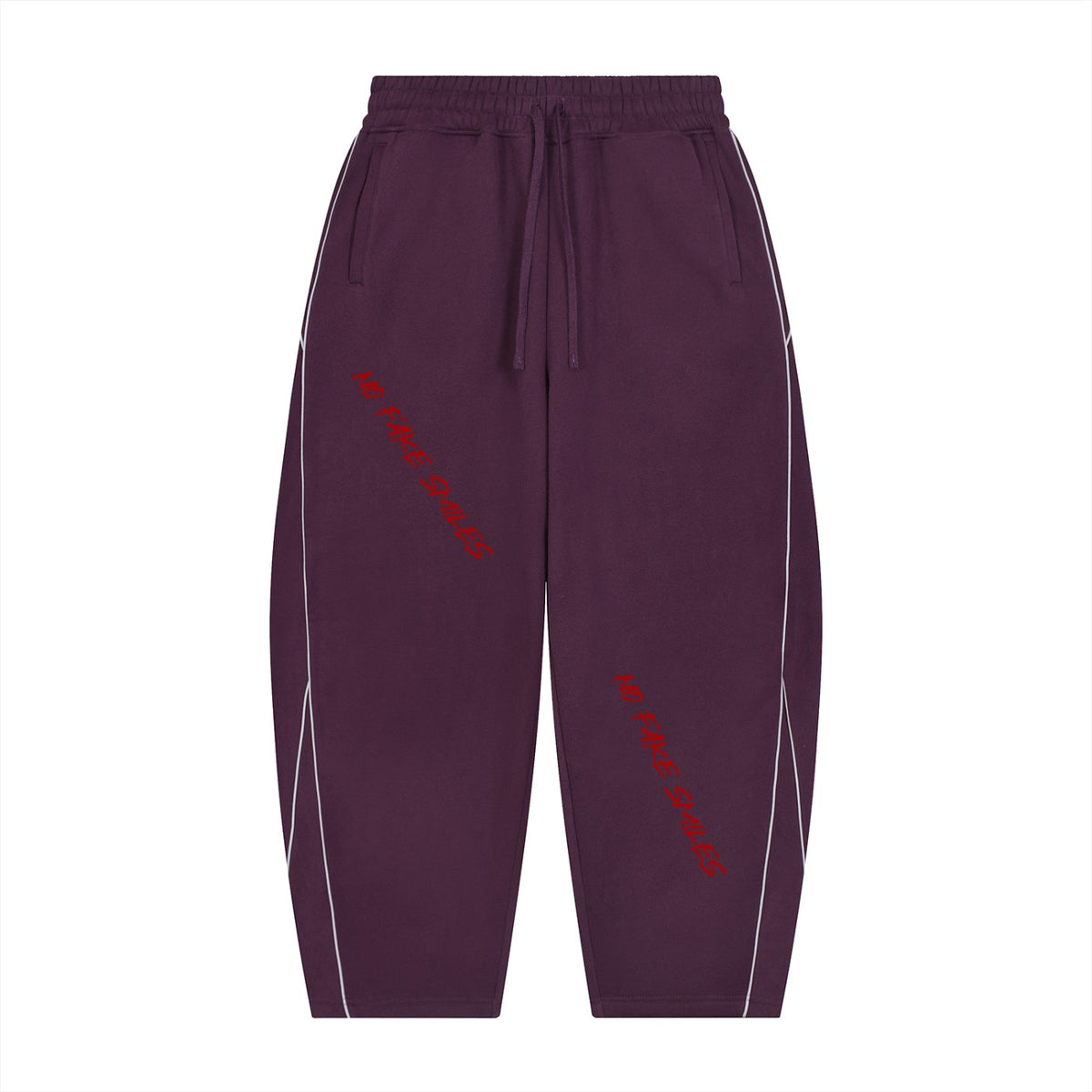 No Fake Smiles purple fleece barrel leg sweatpants with white piping details and red slanted letter graphic print.