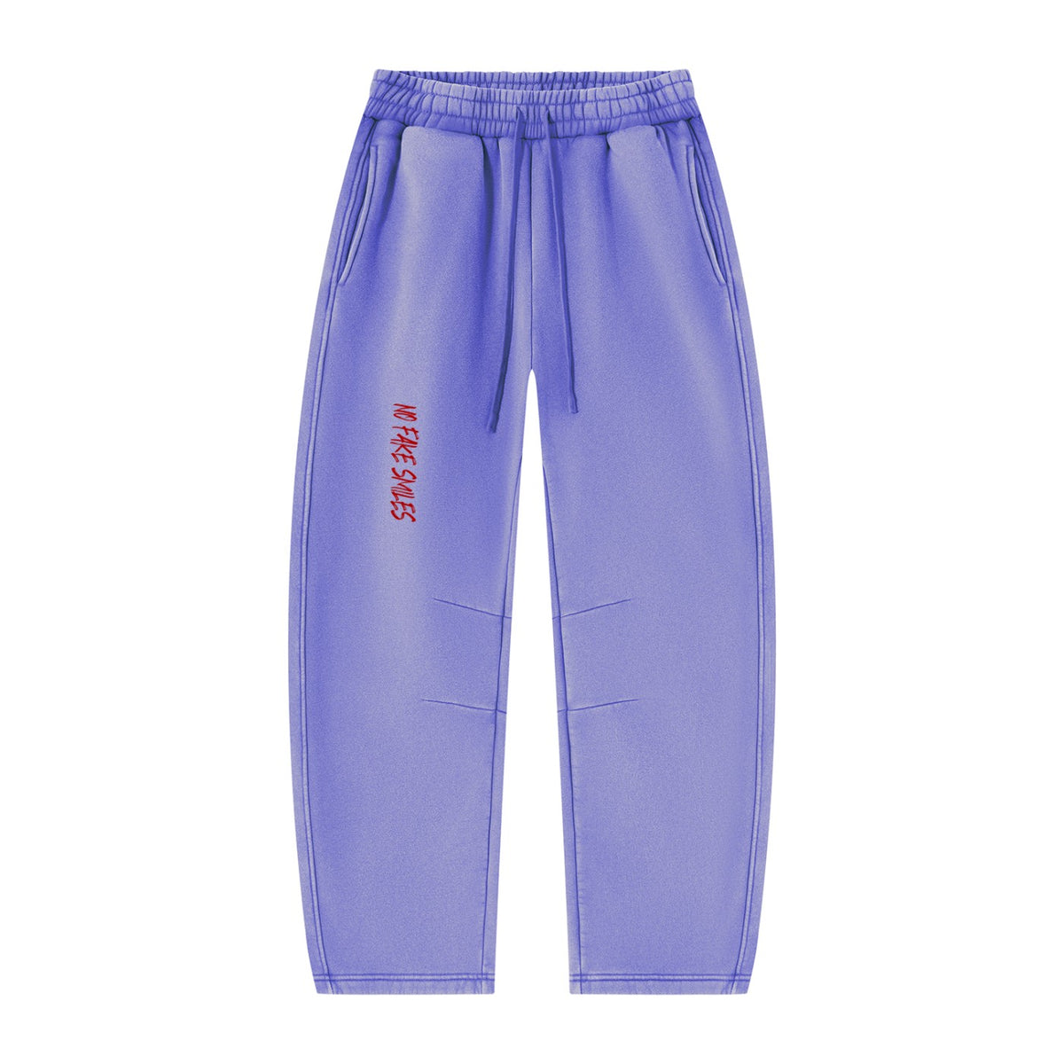 No Fake Smiles purple vintage wash fleece sweatpants with a relaxed barrel-leg fit and red graphic logo detail.
