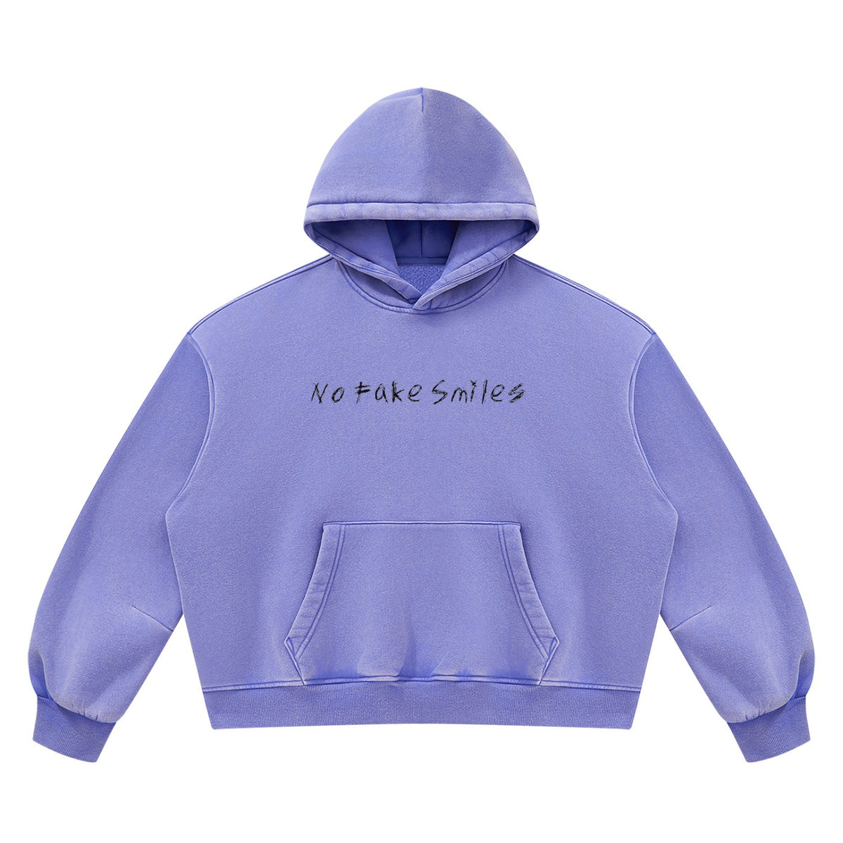 No Fake Smiles vintage wash purple boxy fleece hoodie with drop shoulders and a front kangaroo pocket.