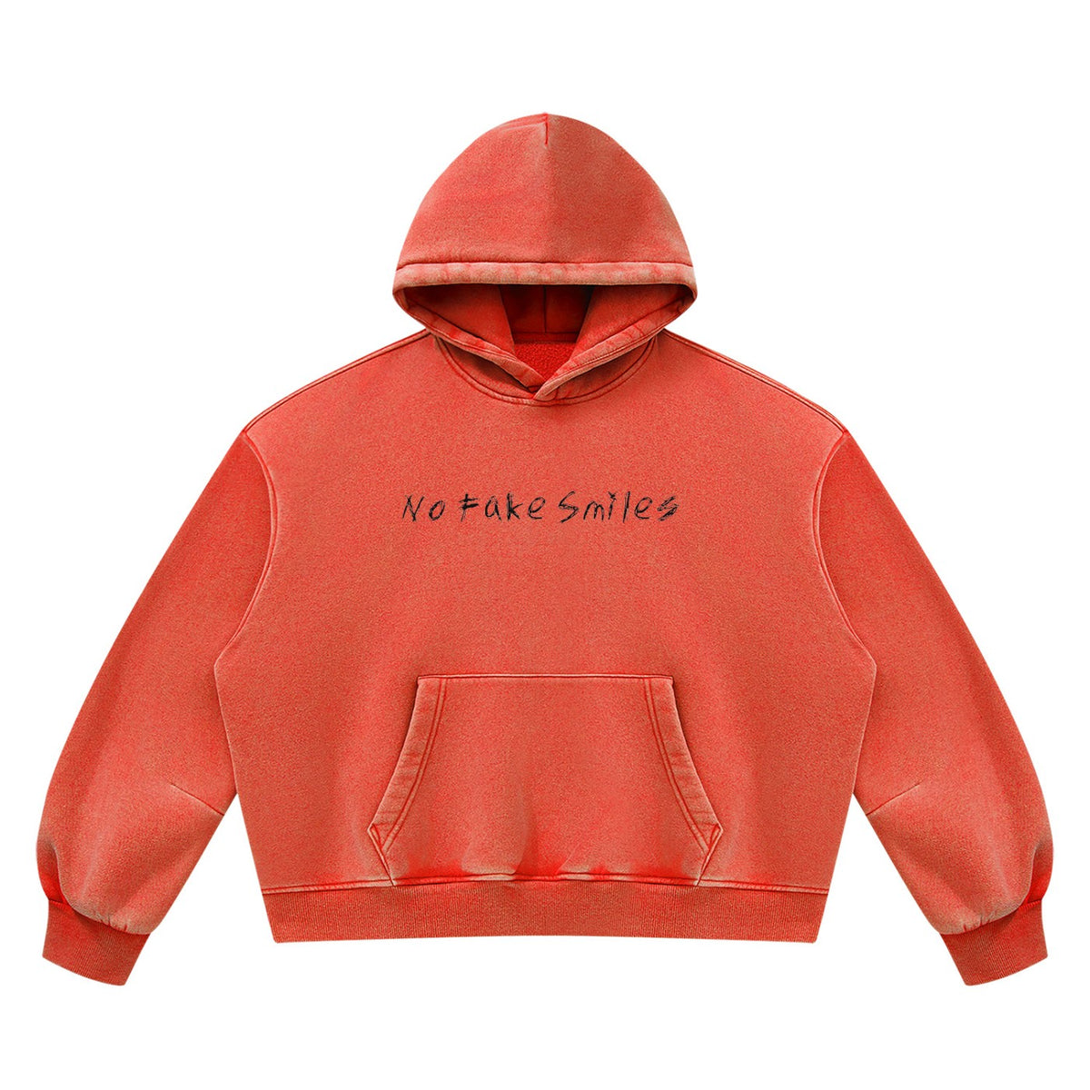 No Fake Smiles vintage wash red boxy fleece hoodie with drop shoulders, front patch pocket, and ribbed trim.