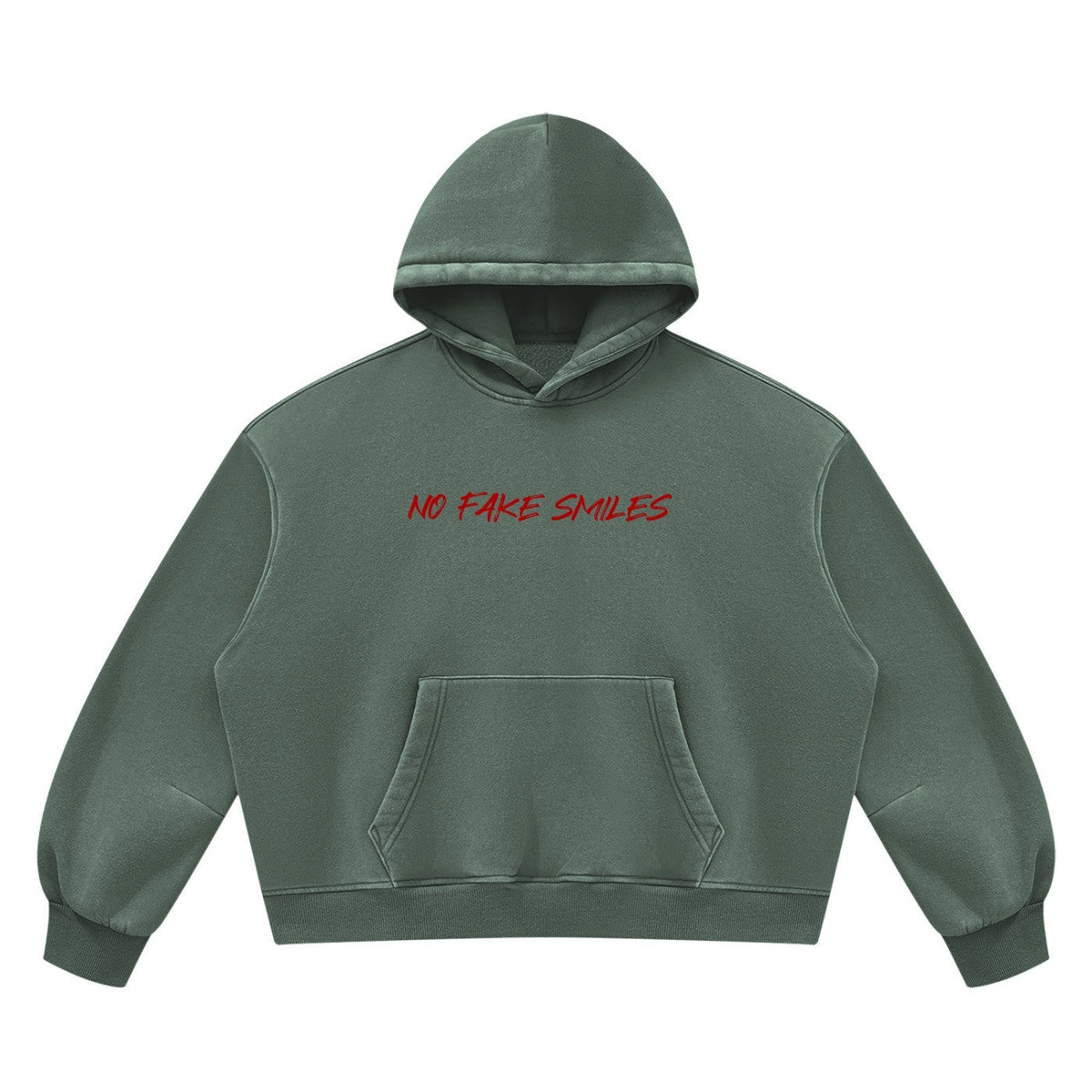 No Fake Smiles boxy heavyweight fleece hoodie in vintage wash olive green with red graphic text on the chest.
