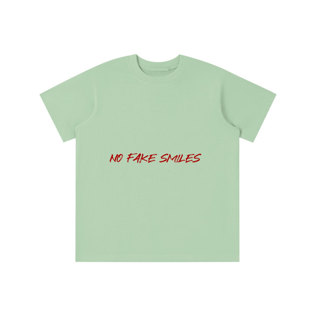 No Fake Smiles kids' sage green short-sleeve cotton t-shirt with a round neck and casual loose fit.