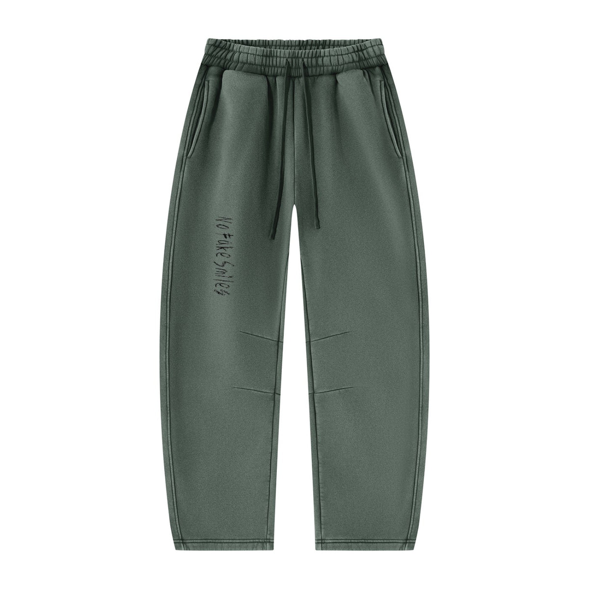 No Fake Smiles dark green vintage wash barrel leg fleece sweatpants with drawstring waist and front pleats.