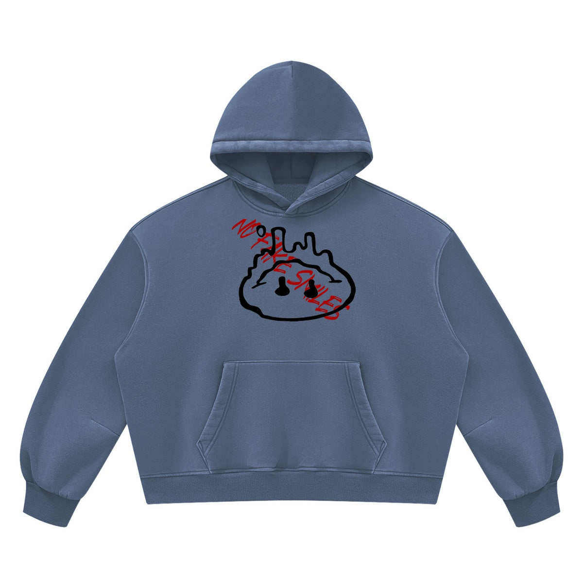 No Fake Smiles vintage wash blue boxy fleece hoodie with drop shoulders, front pocket, and graphic print.