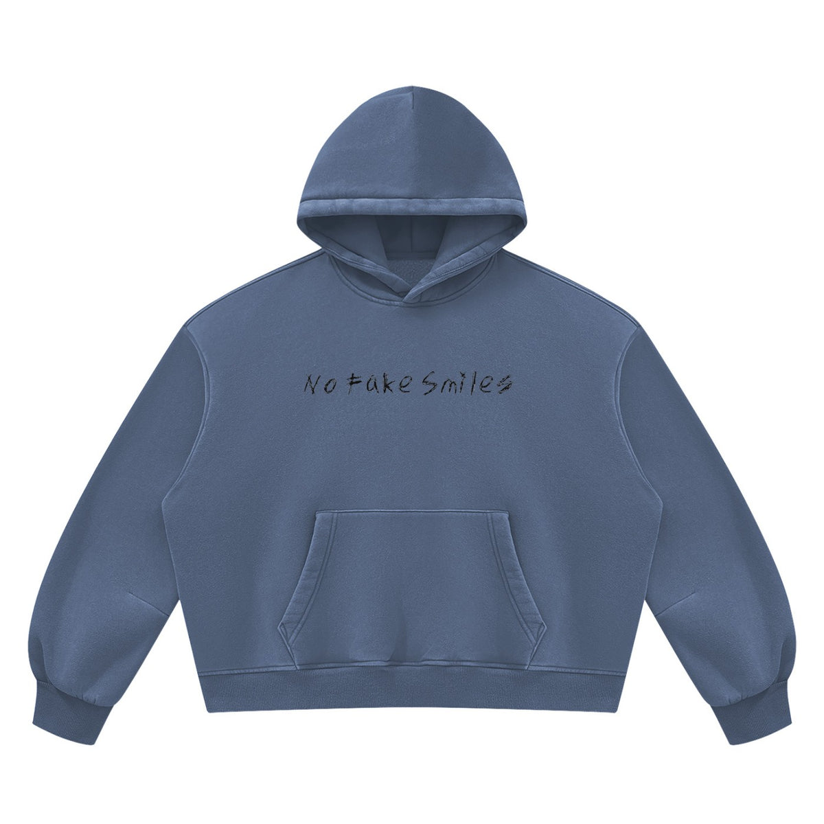 No Fake Smiles vintage wash blue boxy fleece hoodie with drop shoulders and front kangaroo pocket