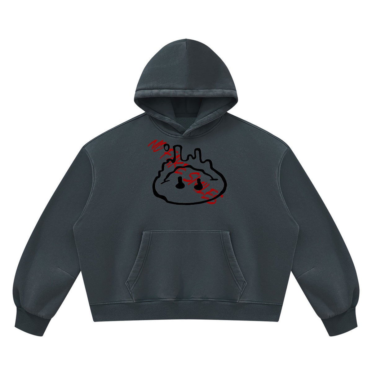 No Fake Smiles vintage wash charcoal grey boxy fleece hoodie with drop shoulders and front graphic print