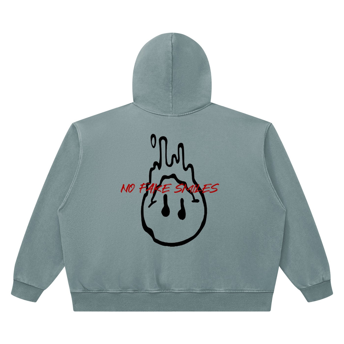 Back view of a No Fake Smiles heavyweight vintage wash hoodie in a boxy fit with a black melting smiley face graphic.