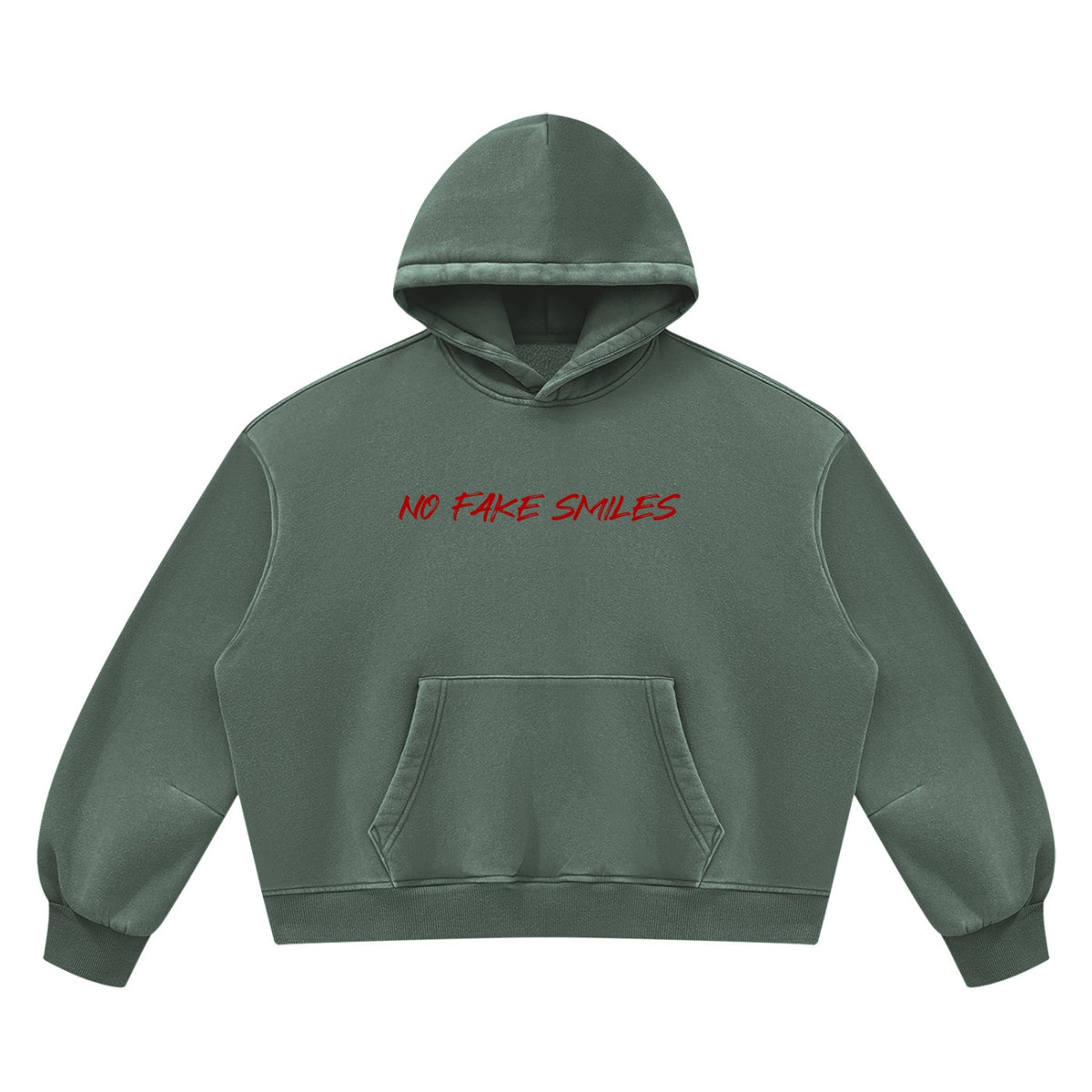 No Fake Smiles vintage wash boxy fleece hoodie in dark green with red text on the chest and a front patch pocket.
