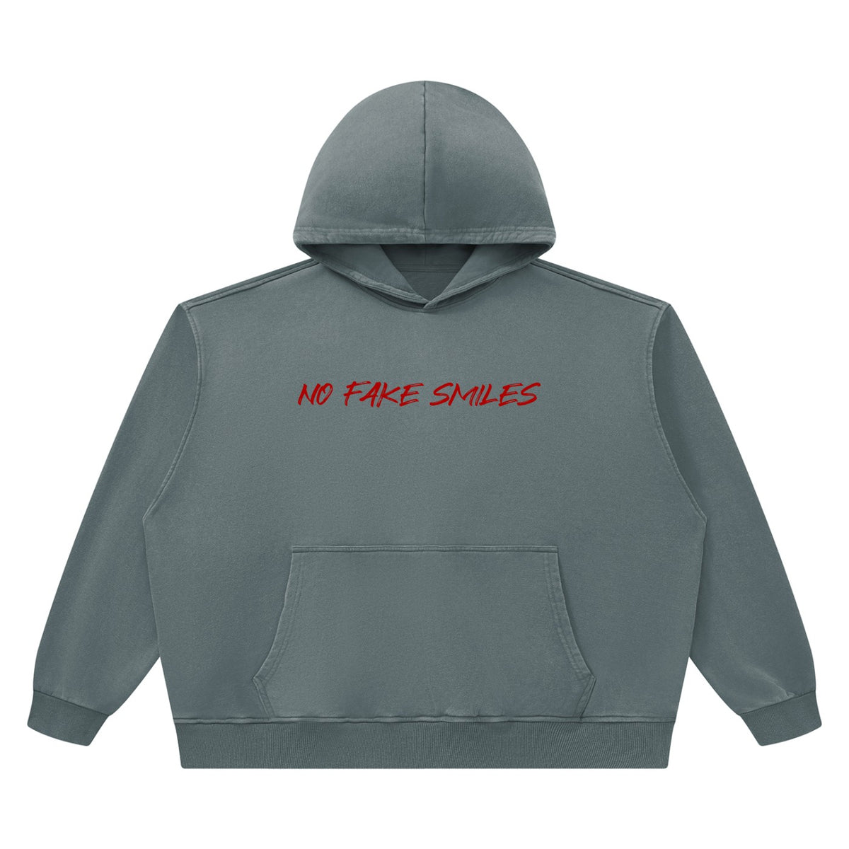 No Fake Smiles heavyweight boxy hoodie in vintage washed grey cotton with red text graphic and front patch pocket.