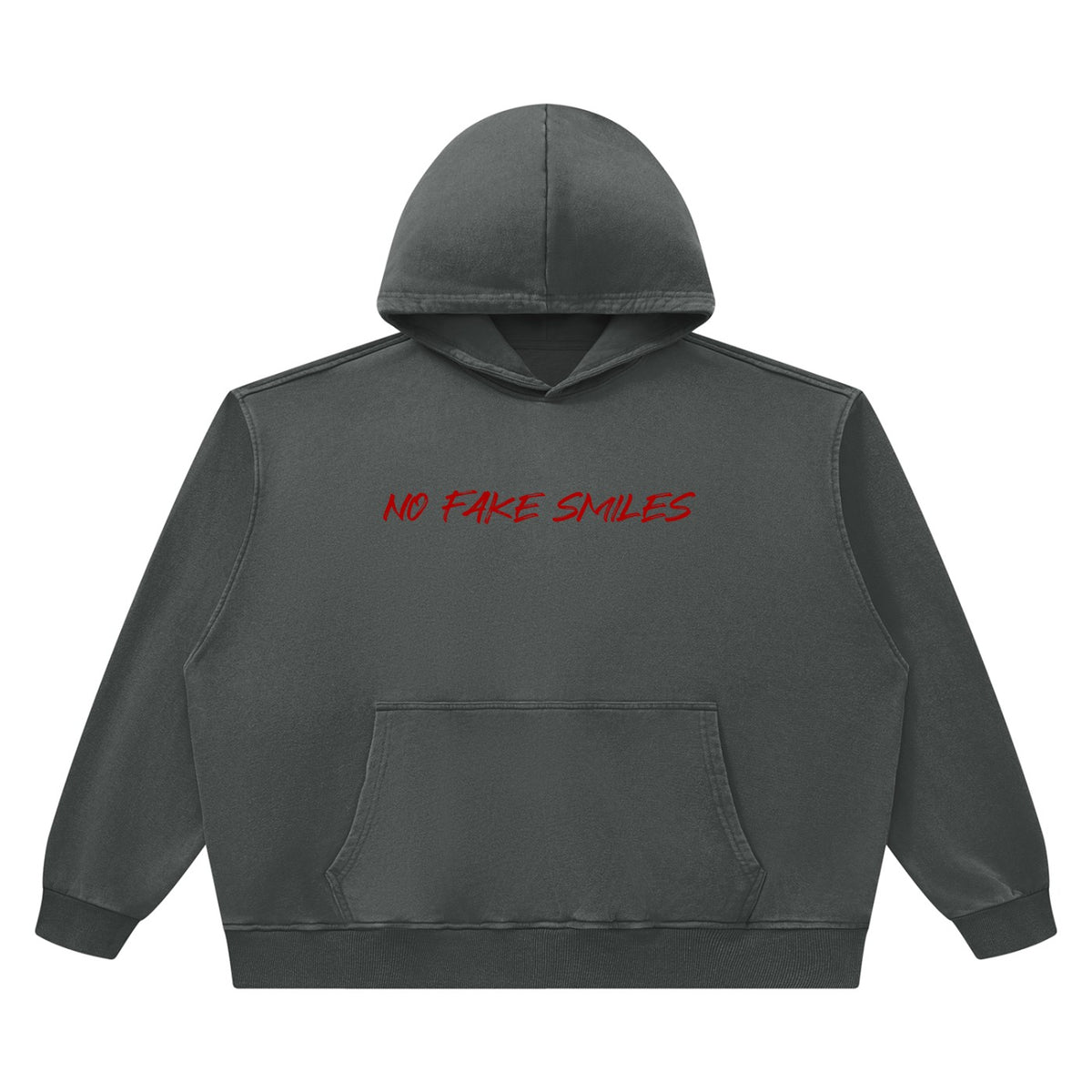 No Fake Smiles heavyweight vintage wash boxy hoodie in charcoal grey with red text and front patch pocket.