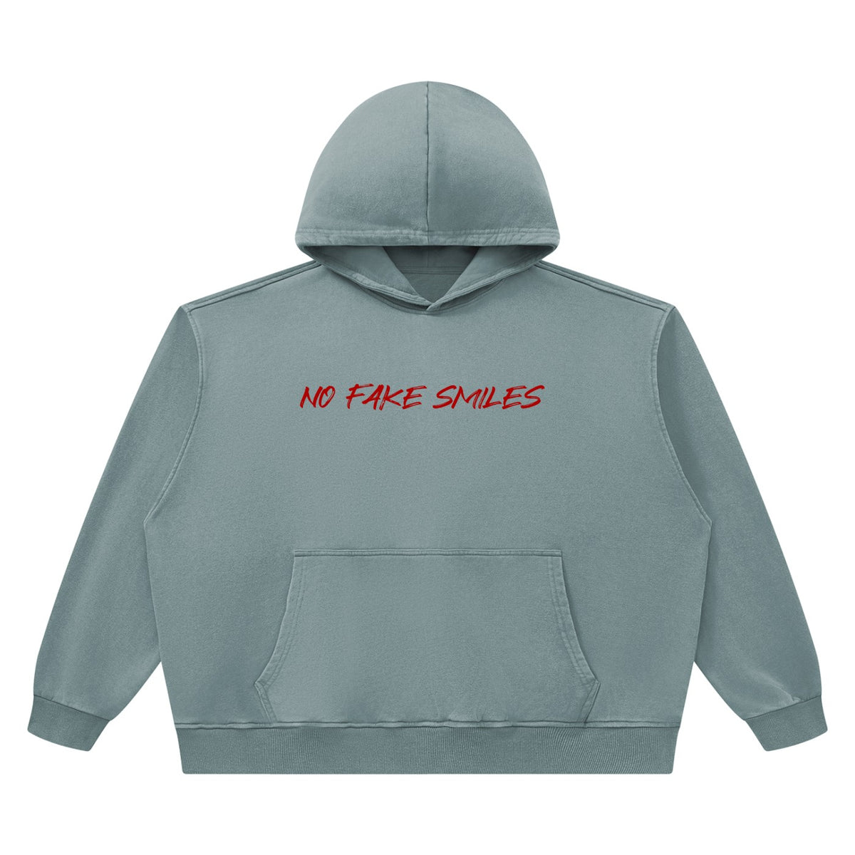No Fake Smiles heavyweight vintage wash boxy hoodie in grey with red letter graphic and front patch pocket