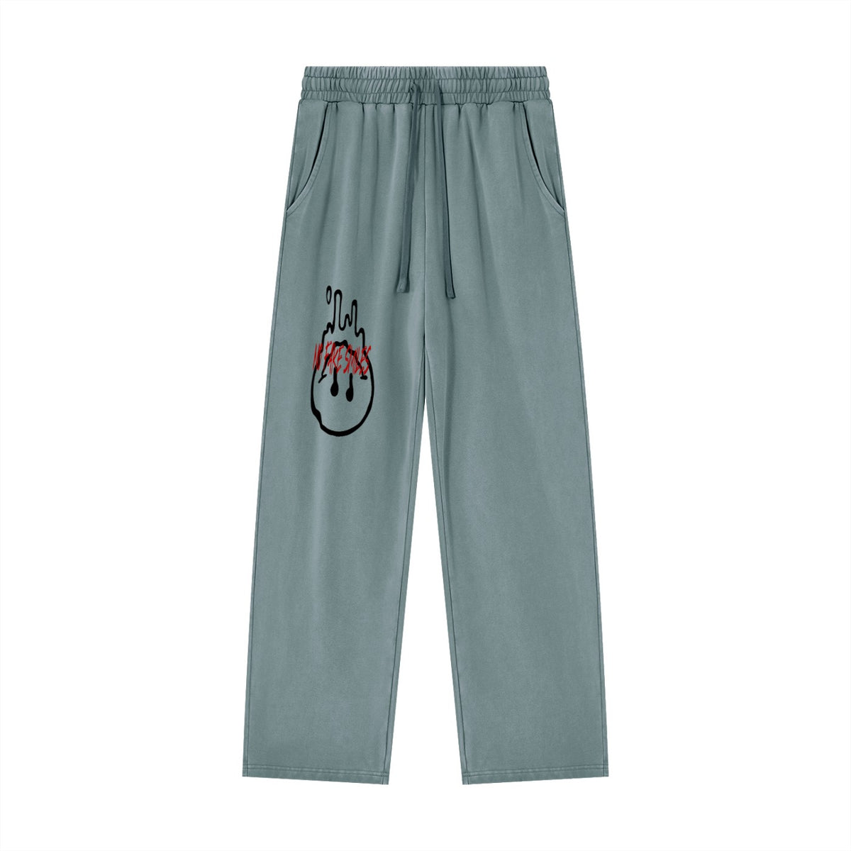 No Fake Smiles heavyweight cotton sweatpants in vintage washed blue-grey with a black and red graphic print