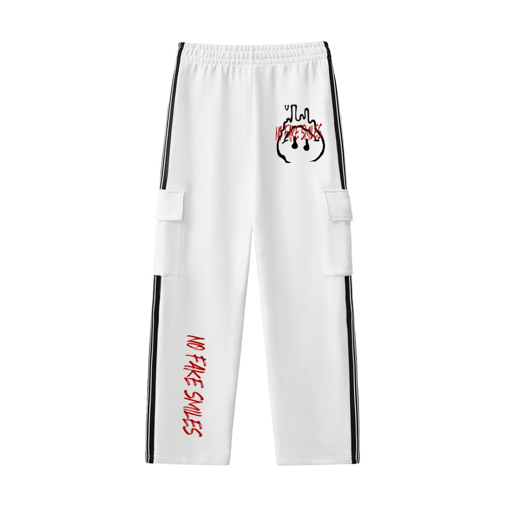 No Fake Smiles white straight-leg athleisure pants with side contrast webbing, cargo pockets, and red graphic print.