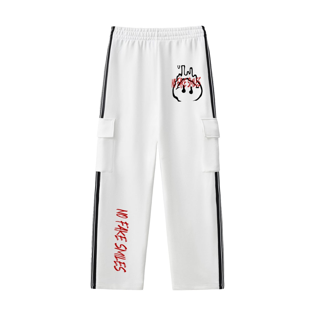 No Fake Smiles white straight-leg athleisure pants with side contrast webbing, cargo pockets, and red graphic print.