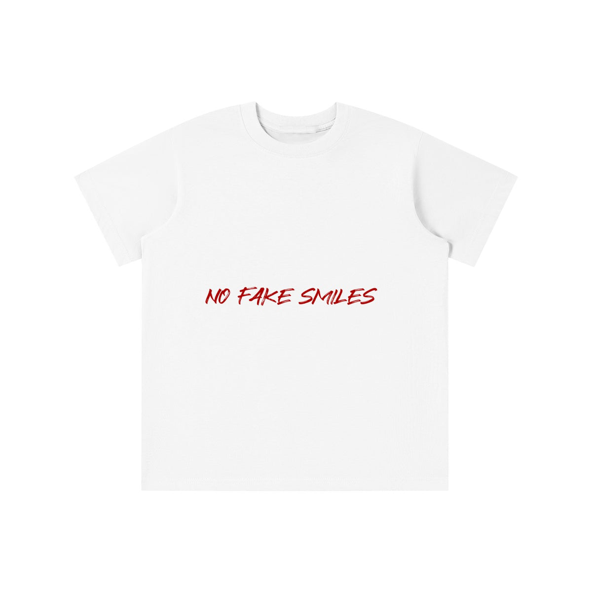 No Fake Smiles kids' white cotton t-shirt with a round neck and red graphic print on the chest.