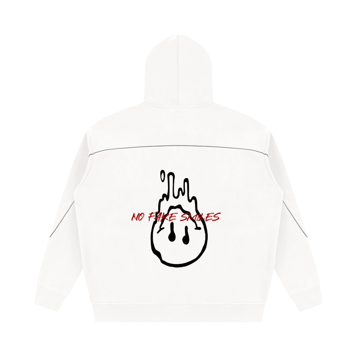 Back view of a white No Fake Smiles oversized fleece hoodie with a black melting smiley face graphic and red text.